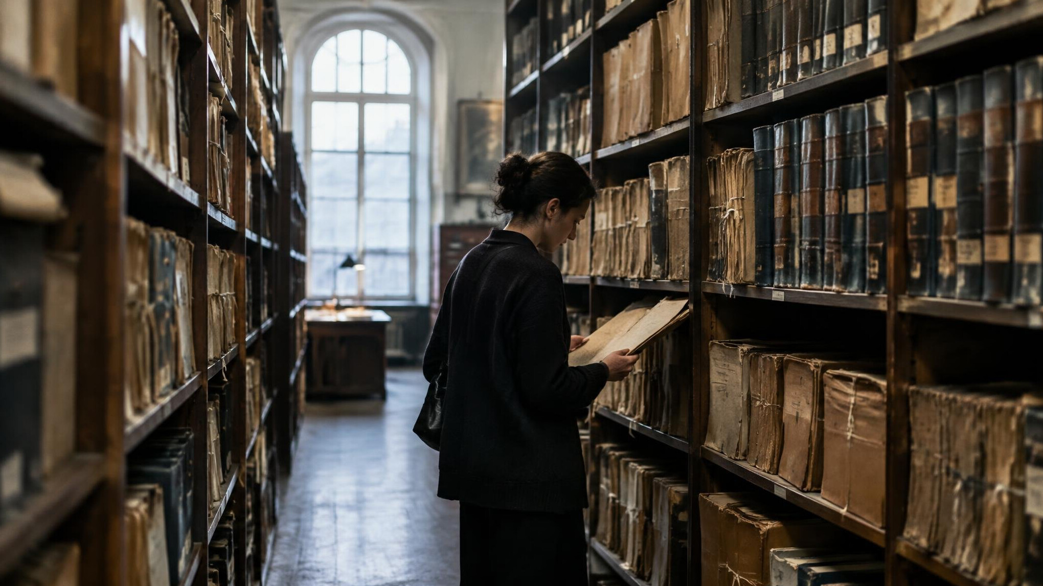 Person browsing shelves of old archival files