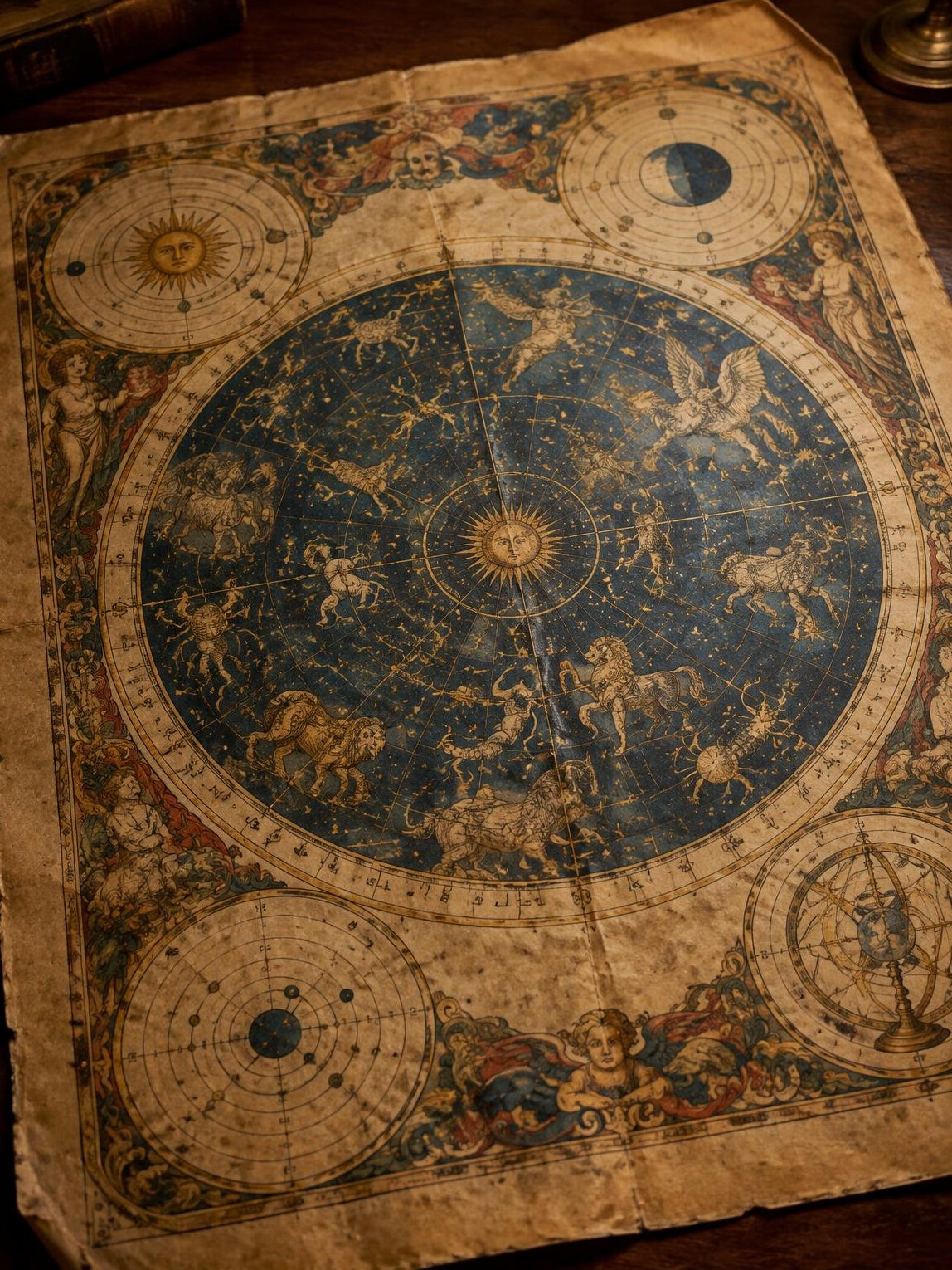 Antique world map with celestial diagrams and ornate borders