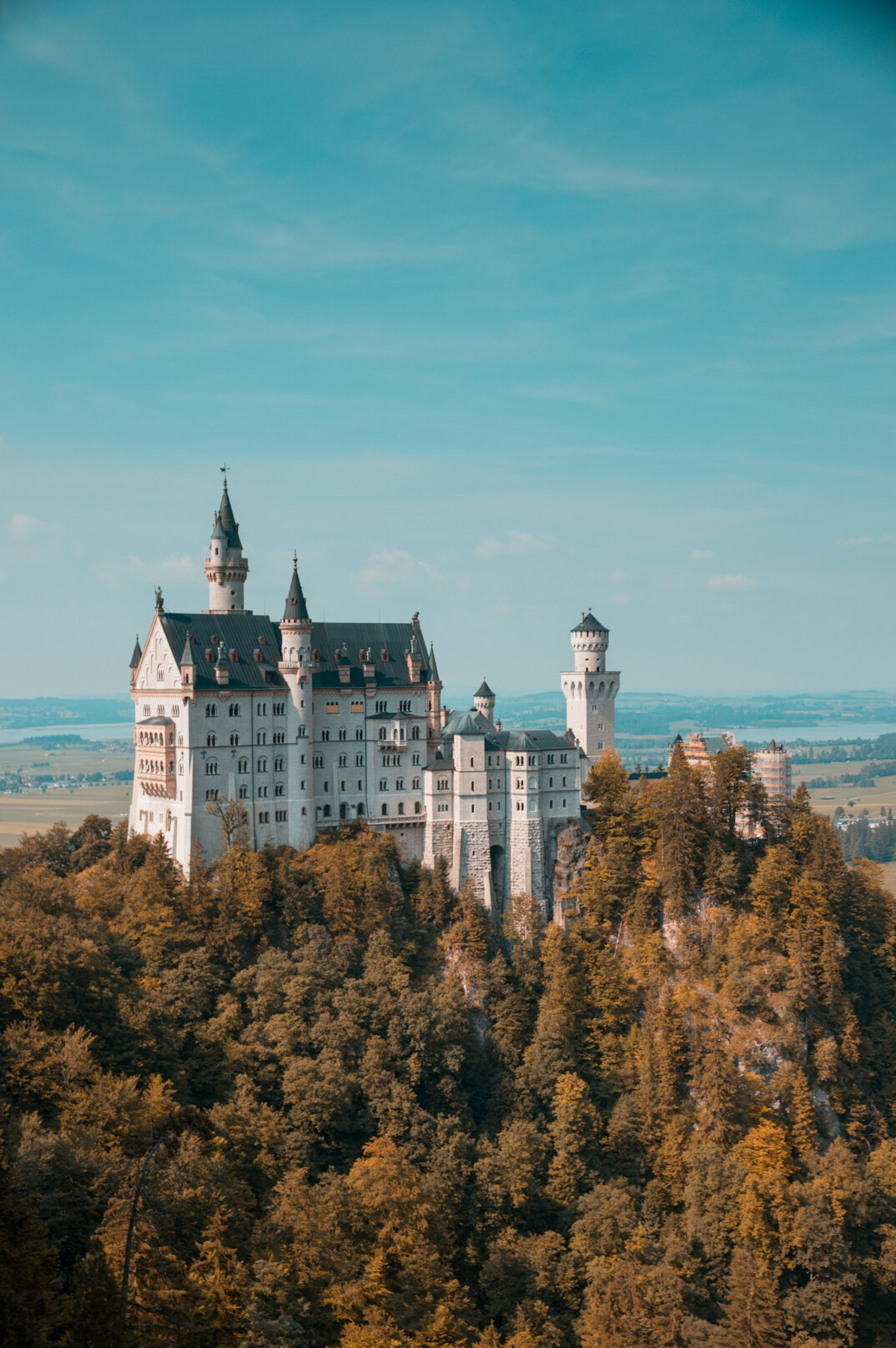 Neuschwanstein Castle seen from a modern viewpoint with visitors