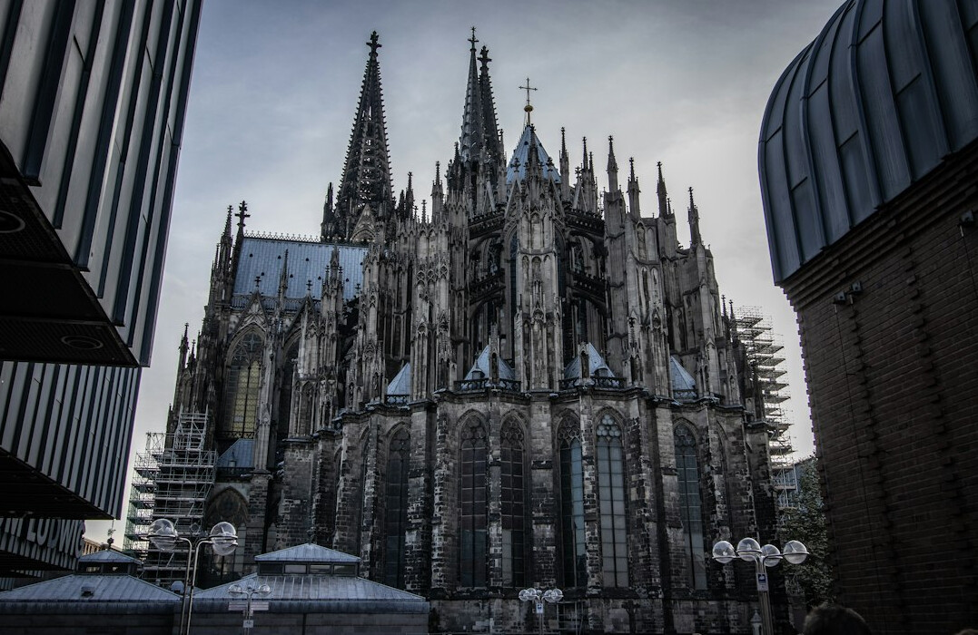 Cologne Cathedral viewed from a modern city street